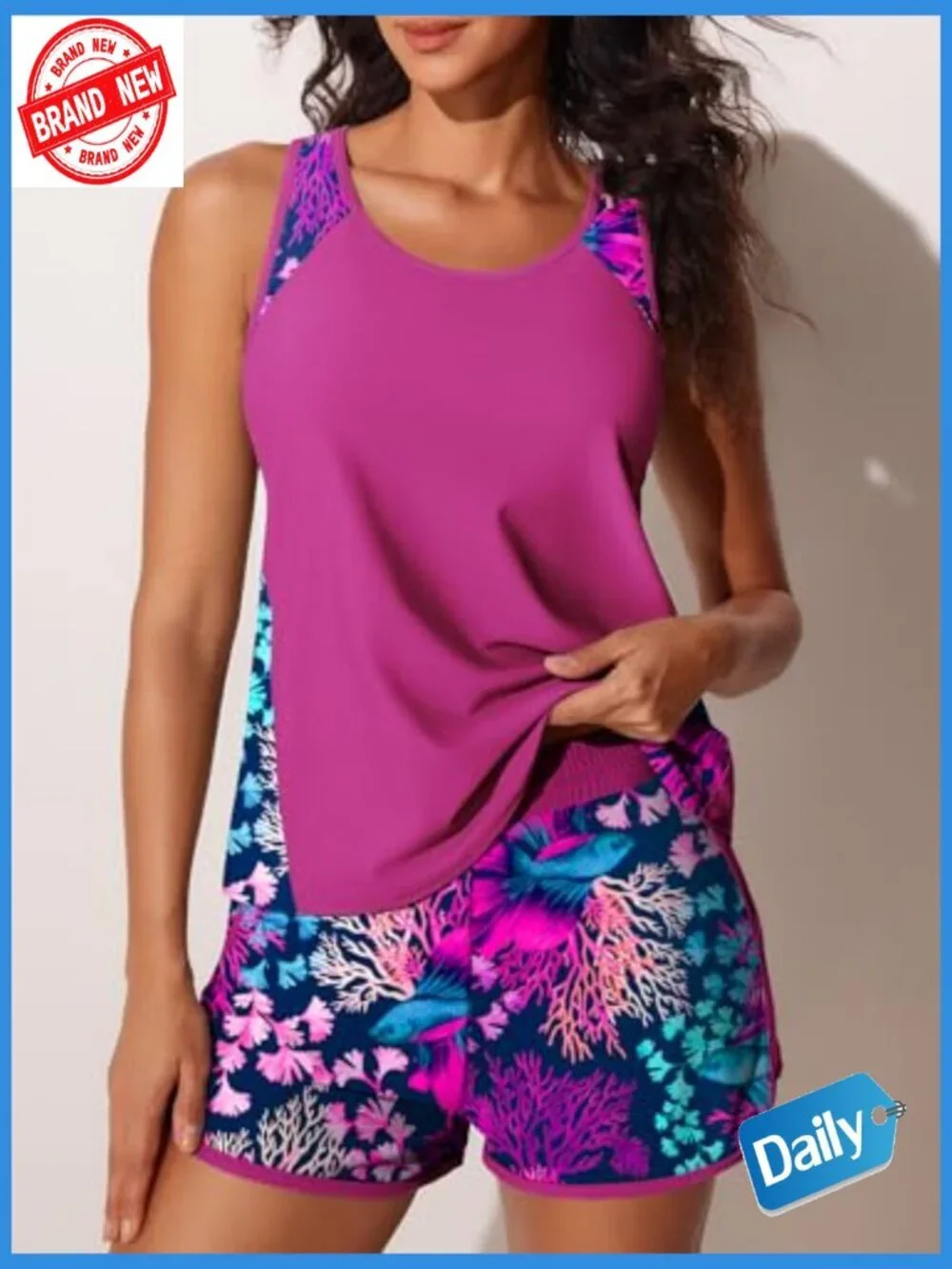 Tummy Control Tankini Set with Swim Shorts and Pockets